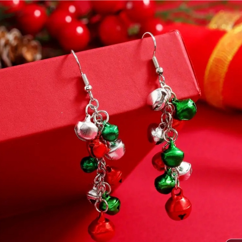 Christmas Bells Dangle Earrings Red Green Silver